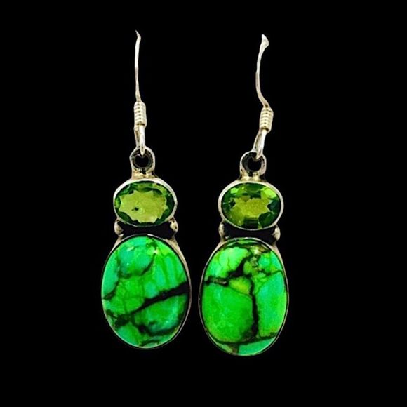 Mohave Lime Green Copper Infused Turquoise Peridot Sterling Silver Drop Earrings - Picture 2 of 16